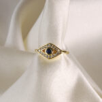 Gold Mavi Taş Gözlü Serçe Parmak Yüzüğü